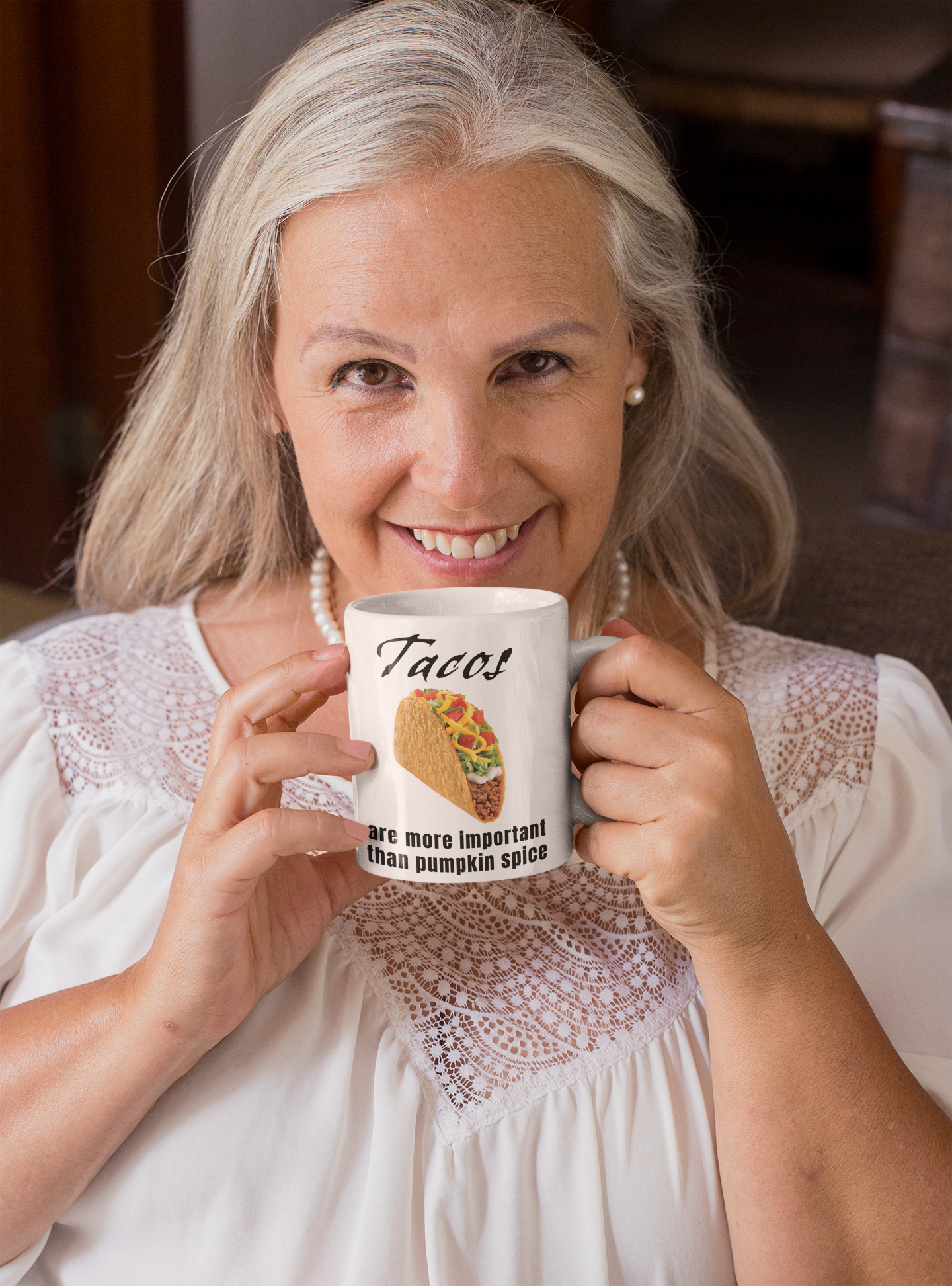 Tacos are more important than Pumpkin Spice - White glossy mug