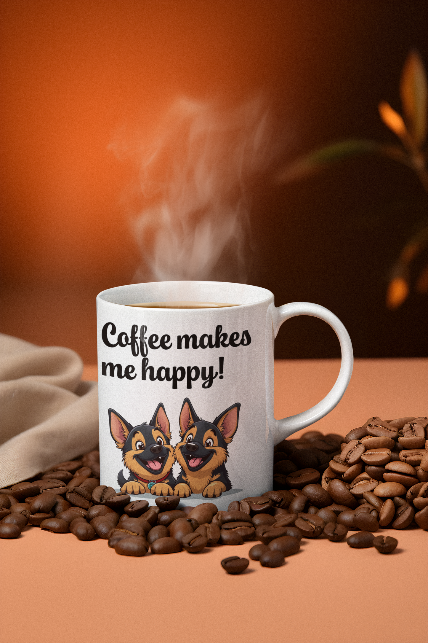 2 happy German Shepherd puppies Coffee makes me happy mug All Caffeine Christmas gift Coffee Time Dog Dog Lover Dog Owner FB German Shepherd gift for mom gift for wife Java Mocha Police Dog Shepherd stocking stuffer