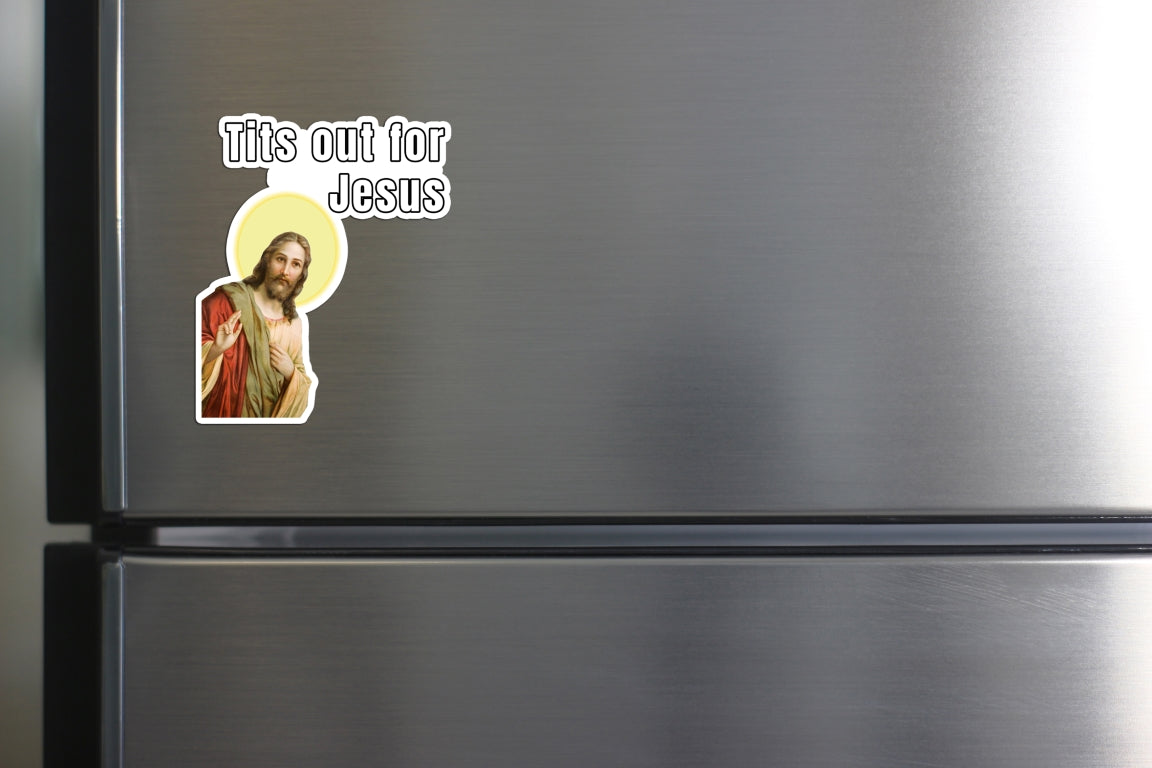 Tits out for Jesus fridge magnet fridge magnet funny meme graphic horrible designs horribledesigns i saw that i totally saw that jesus jesus meme kitchen magnet magnet religious meme small business
