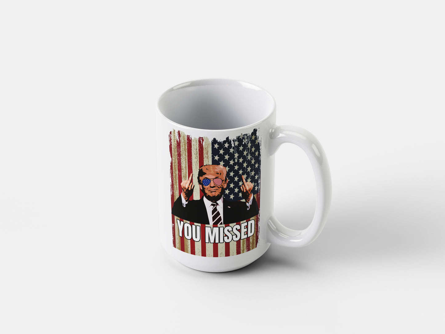 Trump you missed! White glossy mug middle finger Caffeine Coffee Time Java Mocha Trump Trump 2024