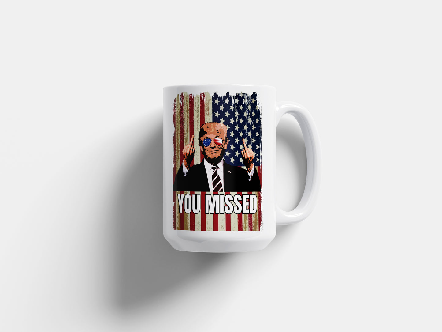 Trump you missed! White glossy mug middle finger Caffeine Coffee Time Java Mocha Trump Trump 2024