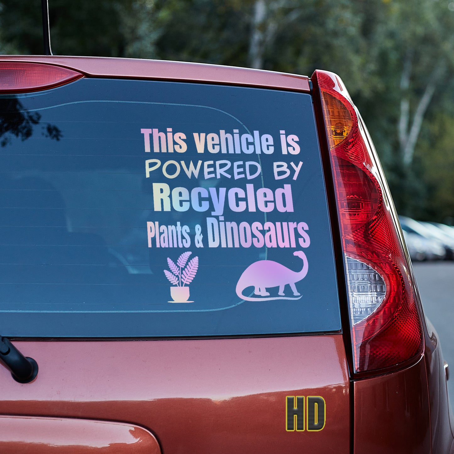 This vehicle is powered by recycled plants and dinosaurs Vinyl decal All Anti-EV decal stickers Decals for cars Decals for Trucks decals for tumblers dinosaur dinosaurs EV FB Green vehicle minivan sticker recycle SUV decals tesla truck decals window decal car Window decals window decor
