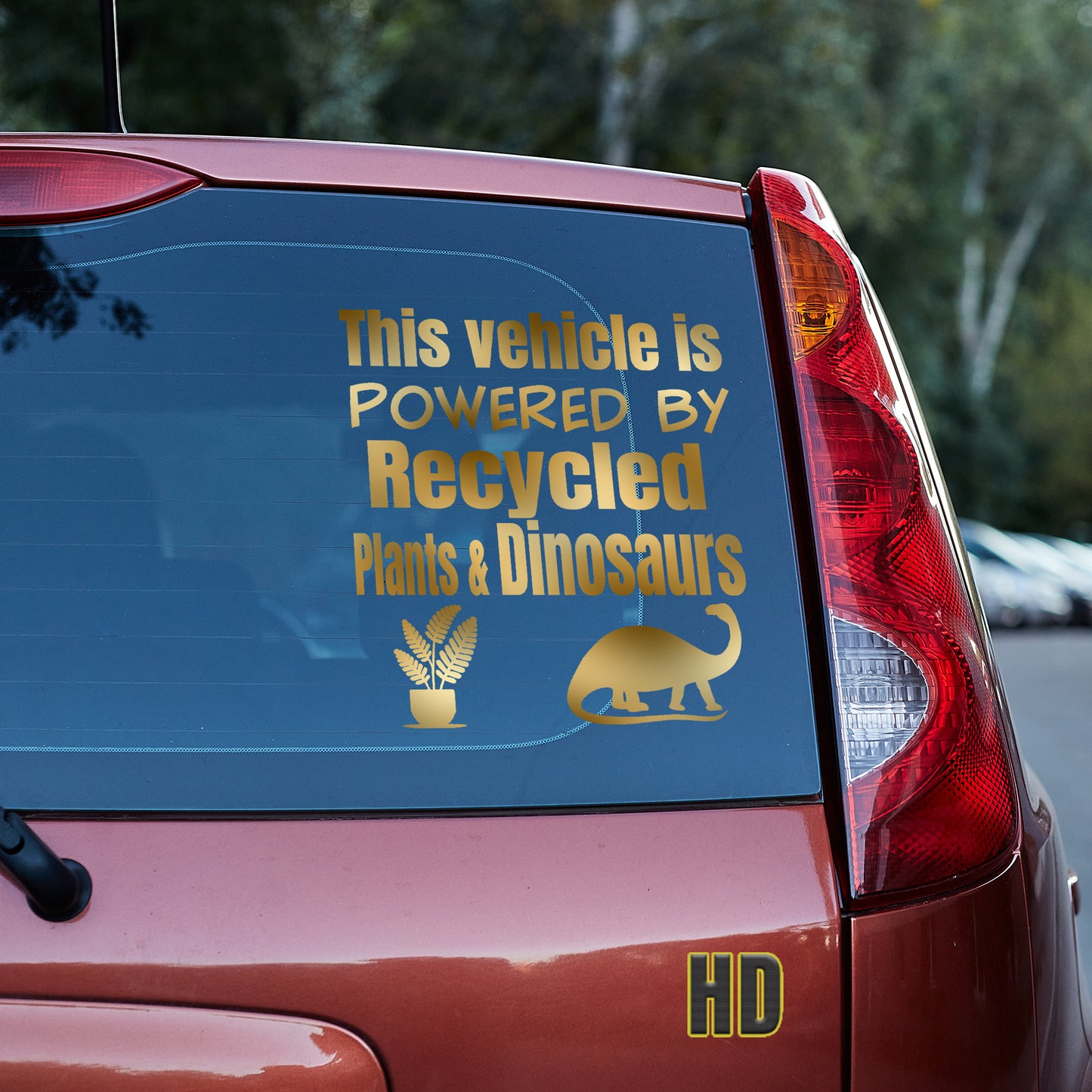 This vehicle is powered by recycled plants and dinosaurs Vinyl decal All Anti-EV decal stickers Decals for cars Decals for Trucks decals for tumblers dinosaur dinosaurs EV FB Green vehicle minivan sticker recycle SUV decals tesla truck decals window decal car Window decals window decor