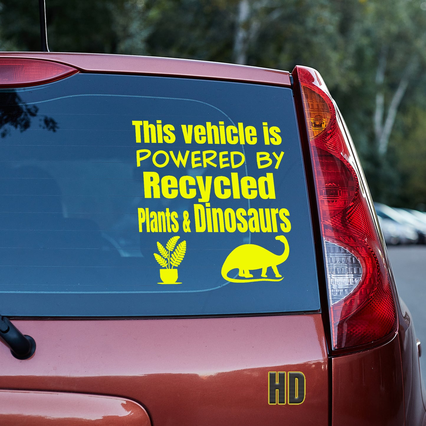 This vehicle is powered by recycled plants and dinosaurs Vinyl decal All Anti-EV decal stickers Decals for cars Decals for Trucks decals for tumblers dinosaur dinosaurs EV FB Green vehicle minivan sticker recycle SUV decals tesla truck decals window decal car Window decals window decor