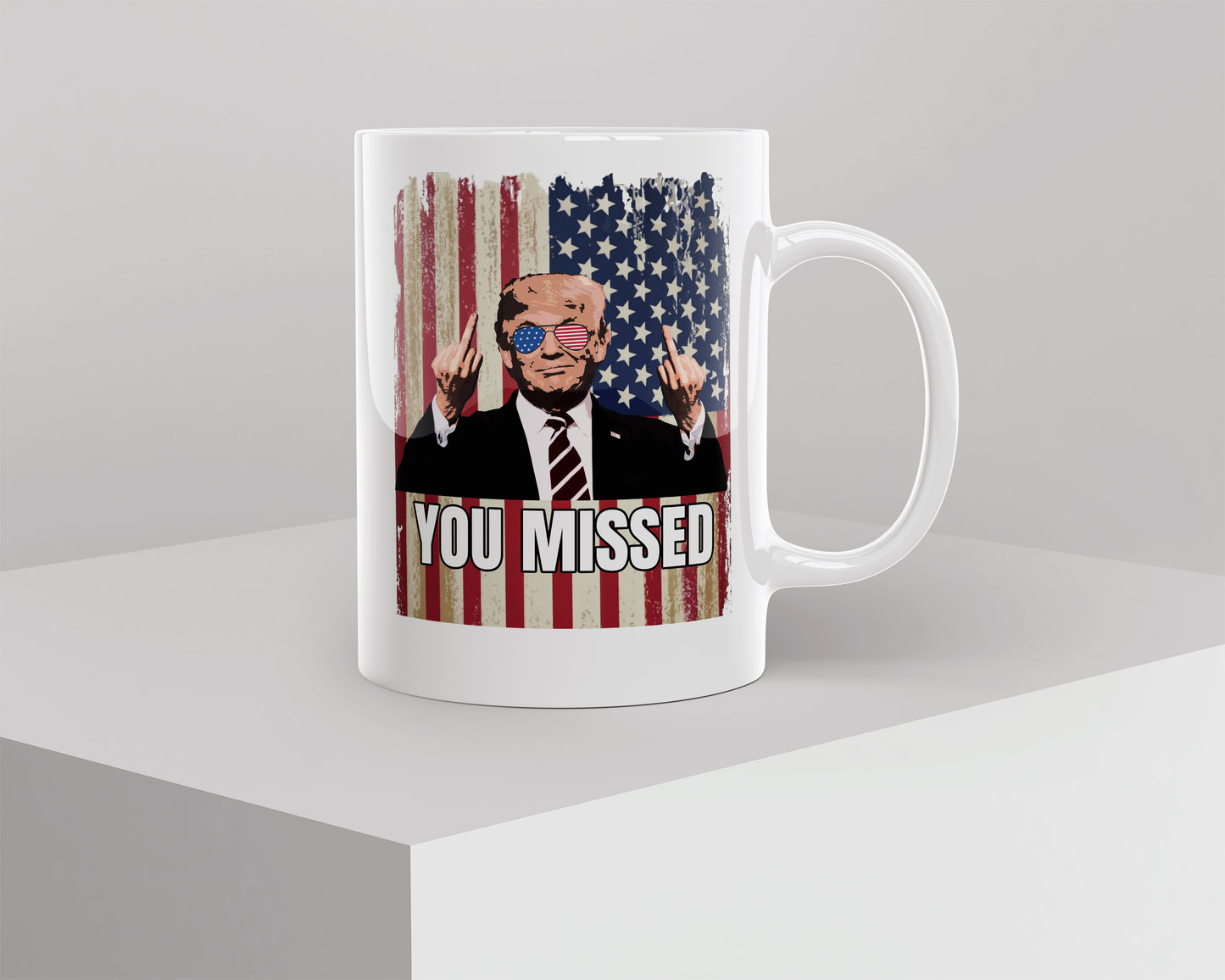 Trump you missed! White glossy mug middle finger Caffeine Coffee Time Java Mocha Trump Trump 2024
