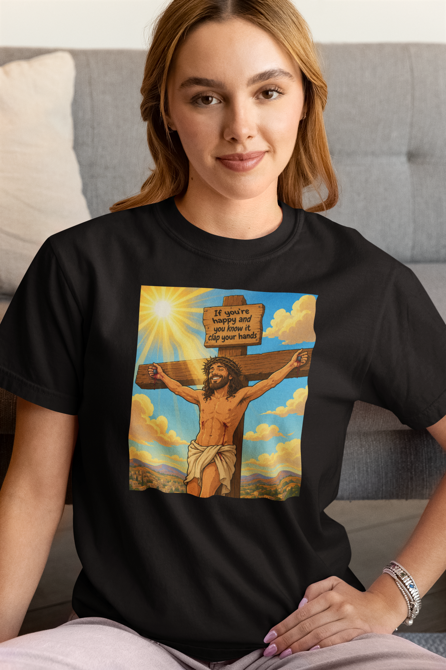 If you're happy and you know it clap your hands unisex T-Shirt Christmas gift Fathers Day Shirt funny shirt gift for dad gift for grandpa gift for mom gift for wife jesus jesus meme Offensive raunchy T-Shirt Unique gift