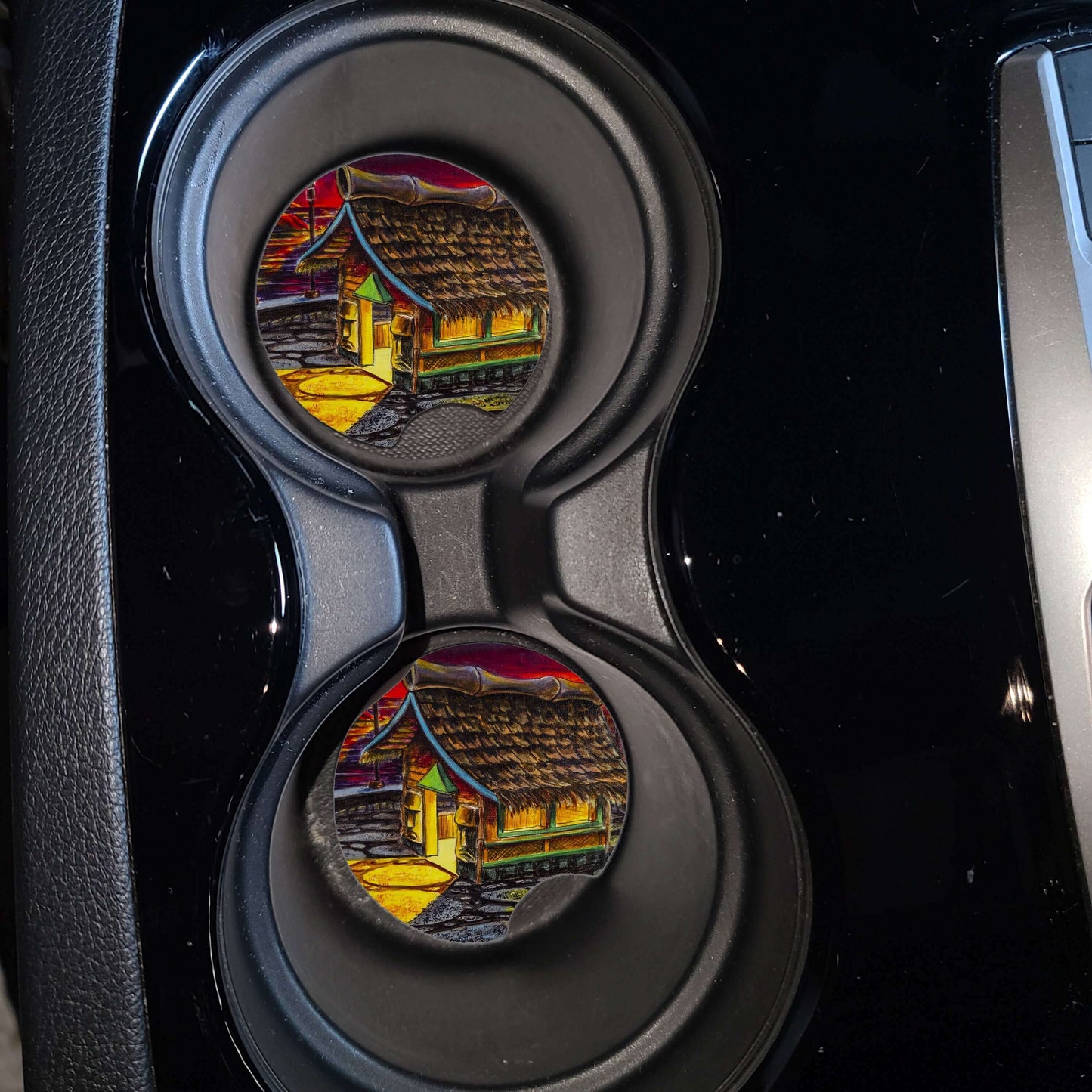 Island Tiki Hut - MaddK Studio -  car drink coaster