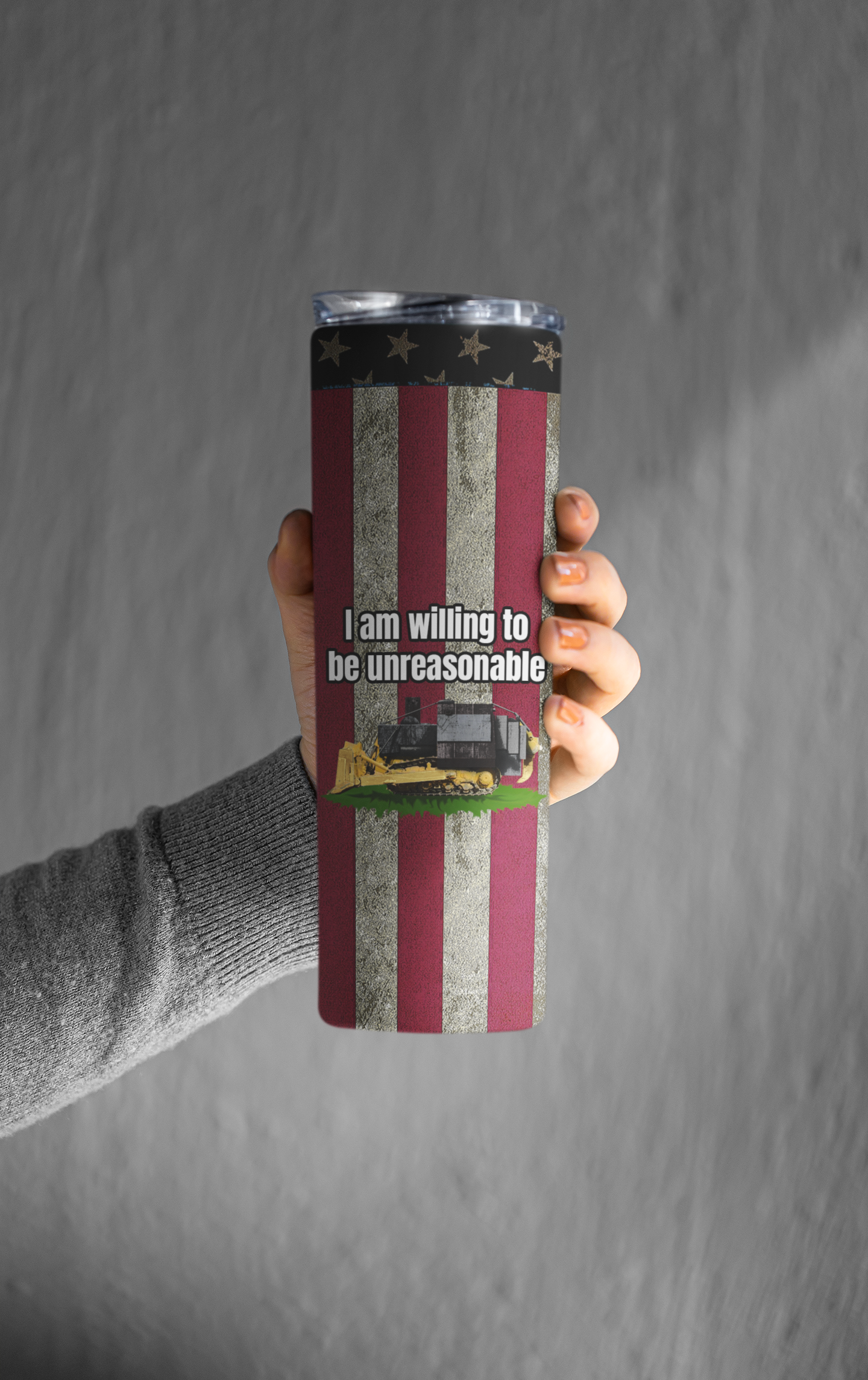 I am willing to be unreasonable 20 ounce tumbler flag fathers day freedom kill dozer killdozer libertarian liberty Marvin Heemeyer mothers day gift Shotgun stocking stuffer