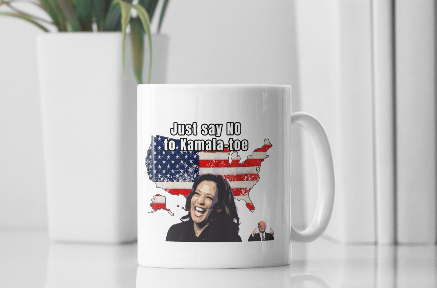Just say no to Kamala Toe White glossy mug All Caffeine Camel Toe Coffee Time Election FB Harris Java Kamala Mocha