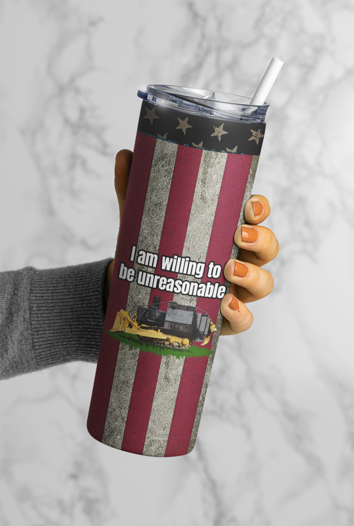 I am willing to be unreasonable 20 ounce tumbler flag fathers day freedom kill dozer killdozer libertarian liberty Marvin Heemeyer mothers day gift Shotgun stocking stuffer