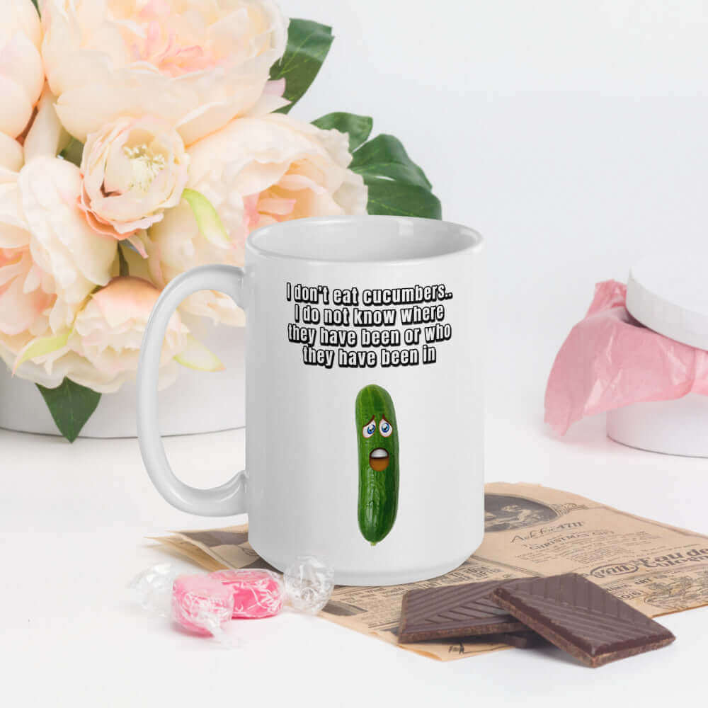 I do not eat cucumbers. I do not know where they have been or who they have been in - White glossy mug