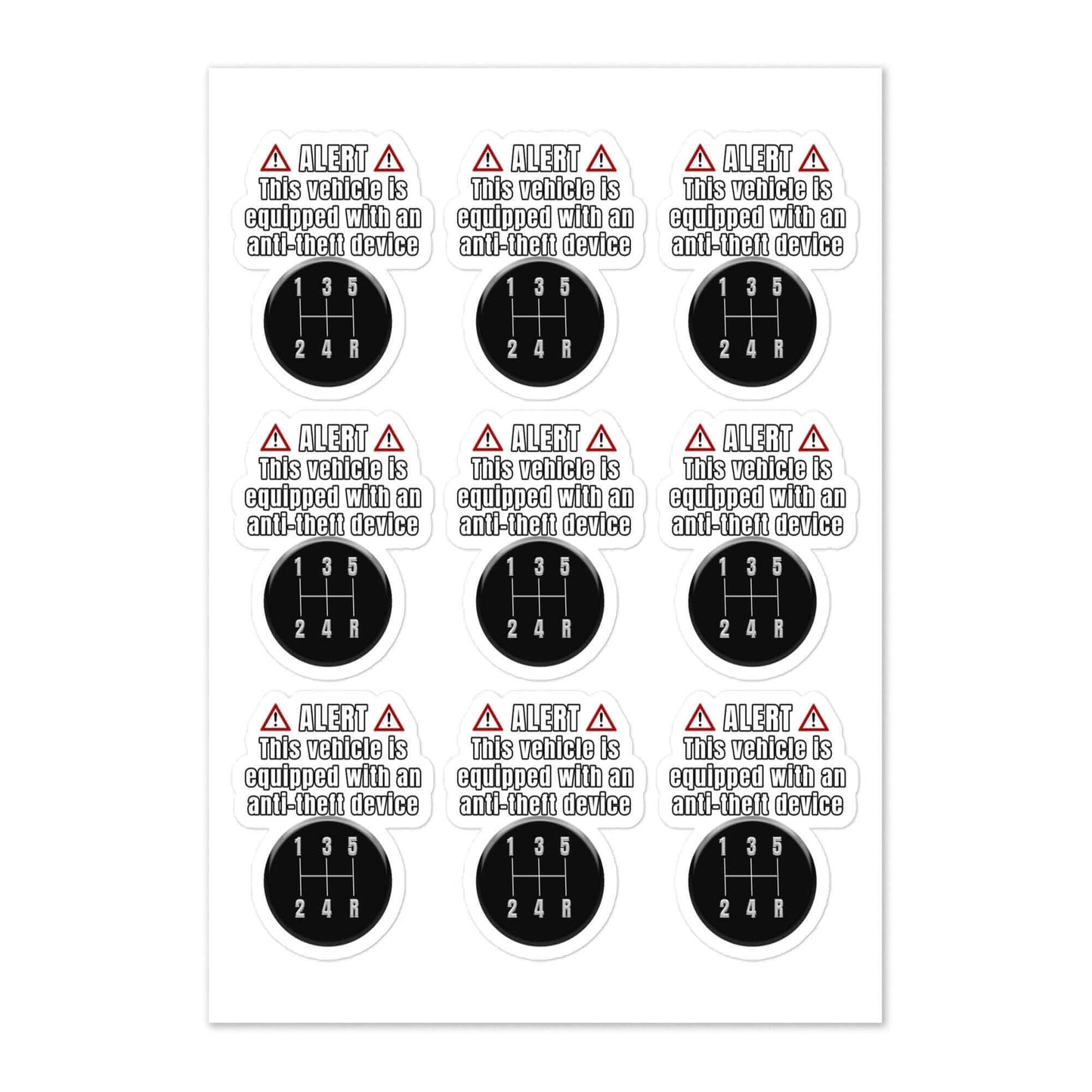 Alert - This vehicle is equipped with an anti-theft device - Sticker sheet All anti-theft Auto THeft car Car Jacking FB funny sticker manual Manual Transmission meme sticker Stick Shift sticker vinyl sticker water proof sticker