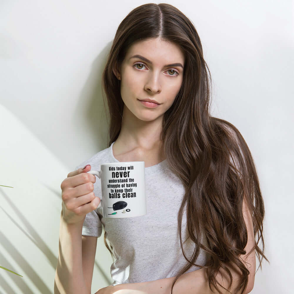 Kids today will never understand the struggle of having to keep your balls clean - White glossy mug All balls balls meme coffee coffee mug computer mug FB funny meme funny mug gen x mug Generation X generation x meme genx IT mug mouse mouse balls track ball mouse track mouse