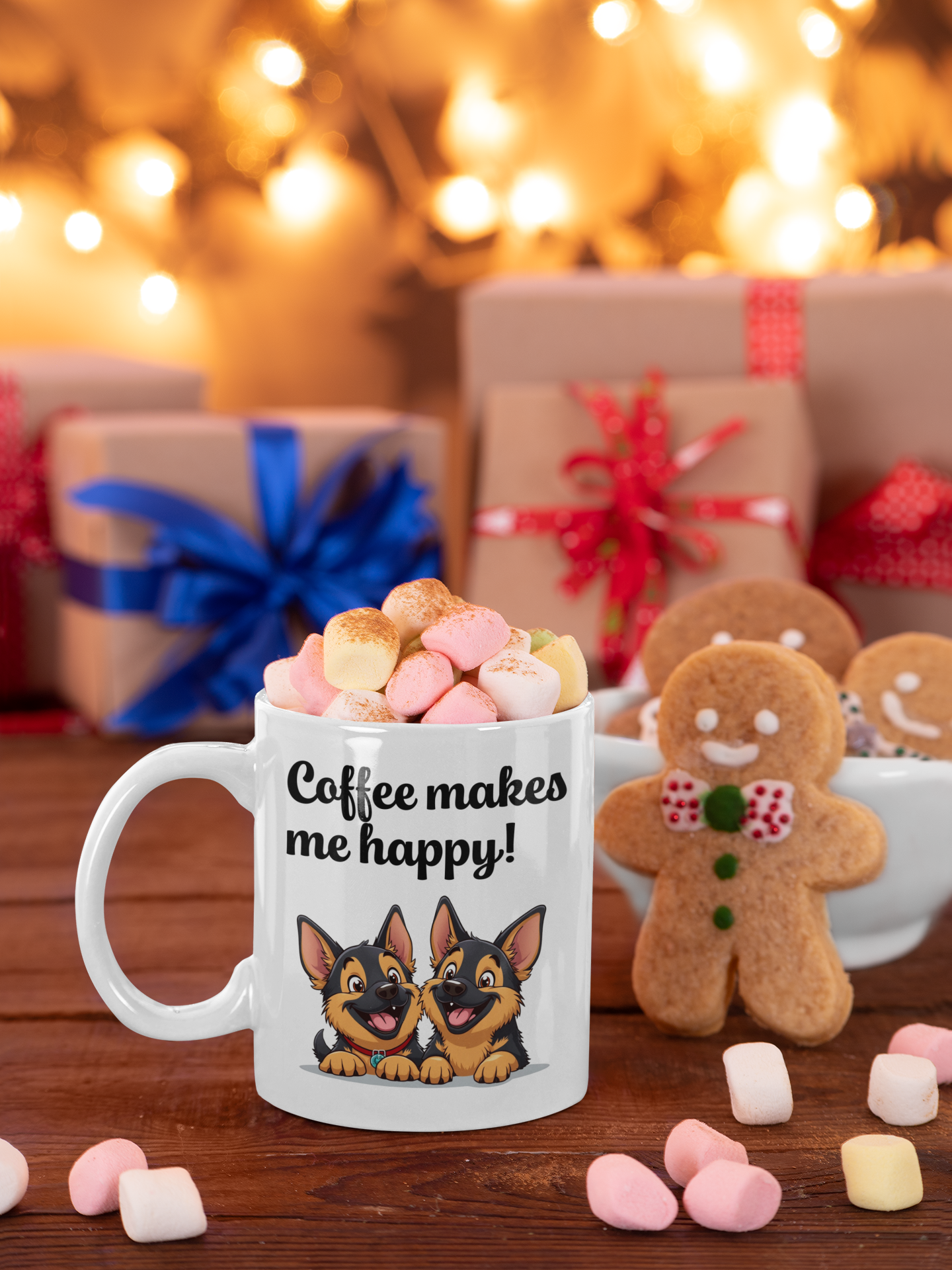 2 happy German Shepherd puppies Coffee makes me happy mug All Caffeine Christmas gift Coffee Time Dog Dog Lover Dog Owner FB German Shepherd gift for mom gift for wife Java Mocha Police Dog Shepherd stocking stuffer