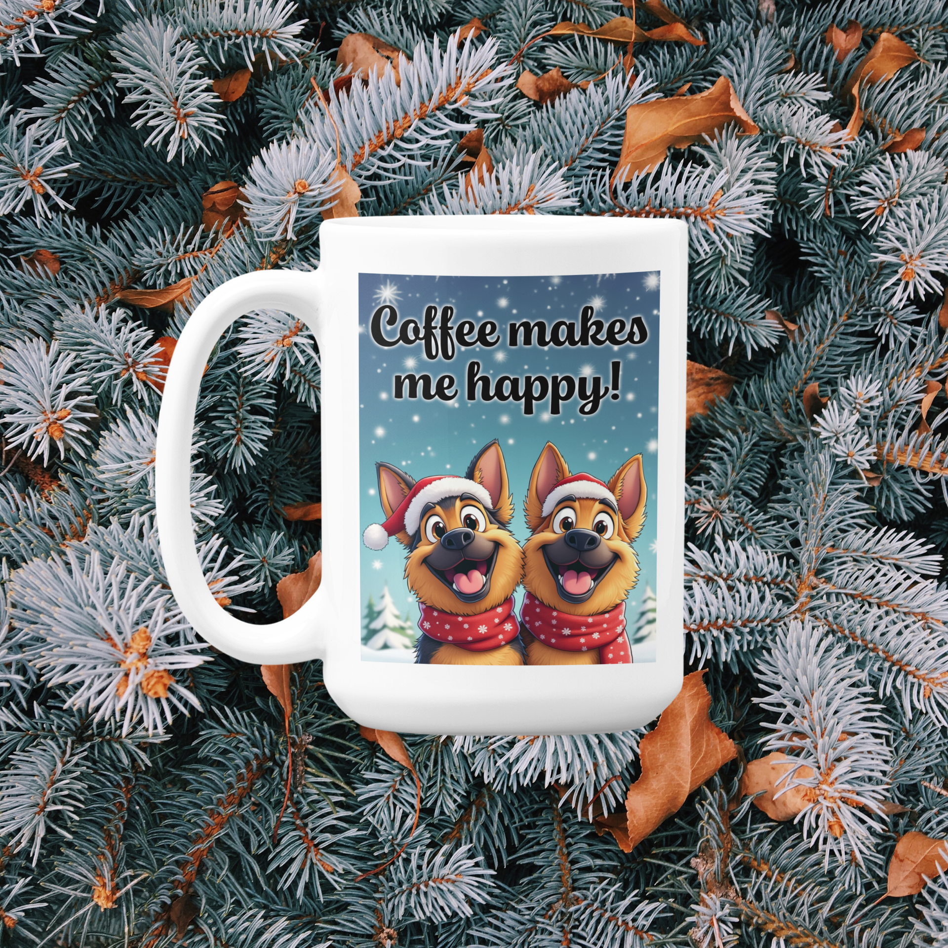 2 happy German Shepherd dogs Coffee makes me happy mug Christmas Edition All Caffeine Christmas gift Coffee Time Dog Dog Lover Dog Owner FB German Shepherd gift for mom gift for wife Java Mocha Police Dog Shepherd stocking stuffer