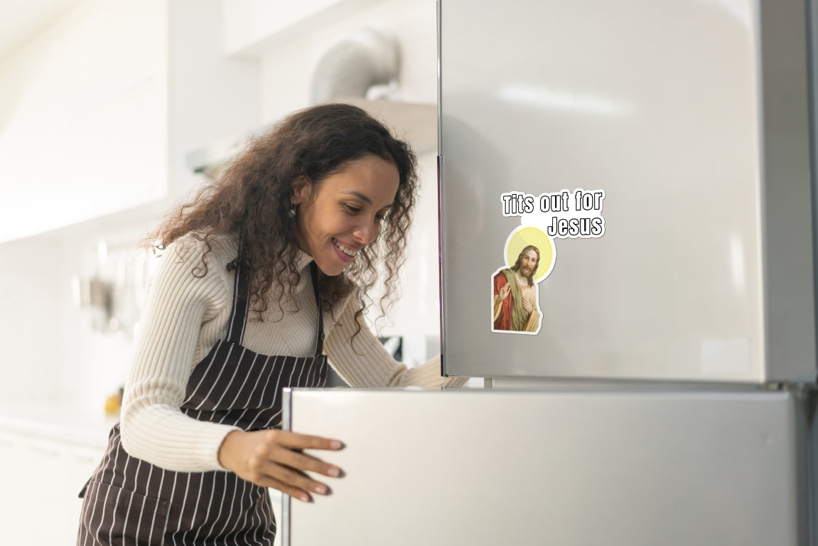 Tits out for Jesus fridge magnet fridge magnet funny meme graphic horrible designs horribledesigns i saw that i totally saw that jesus jesus meme kitchen magnet magnet religious meme small business