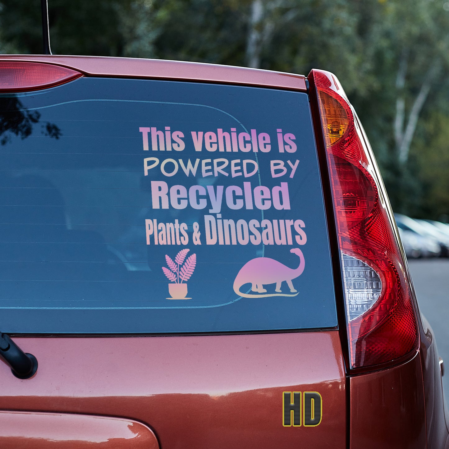 This vehicle is powered by recycled plants and dinosaurs Vinyl decal All Anti-EV decal stickers Decals for cars Decals for Trucks decals for tumblers dinosaur dinosaurs EV FB Green vehicle minivan sticker recycle SUV decals tesla truck decals window decal car Window decals window decor