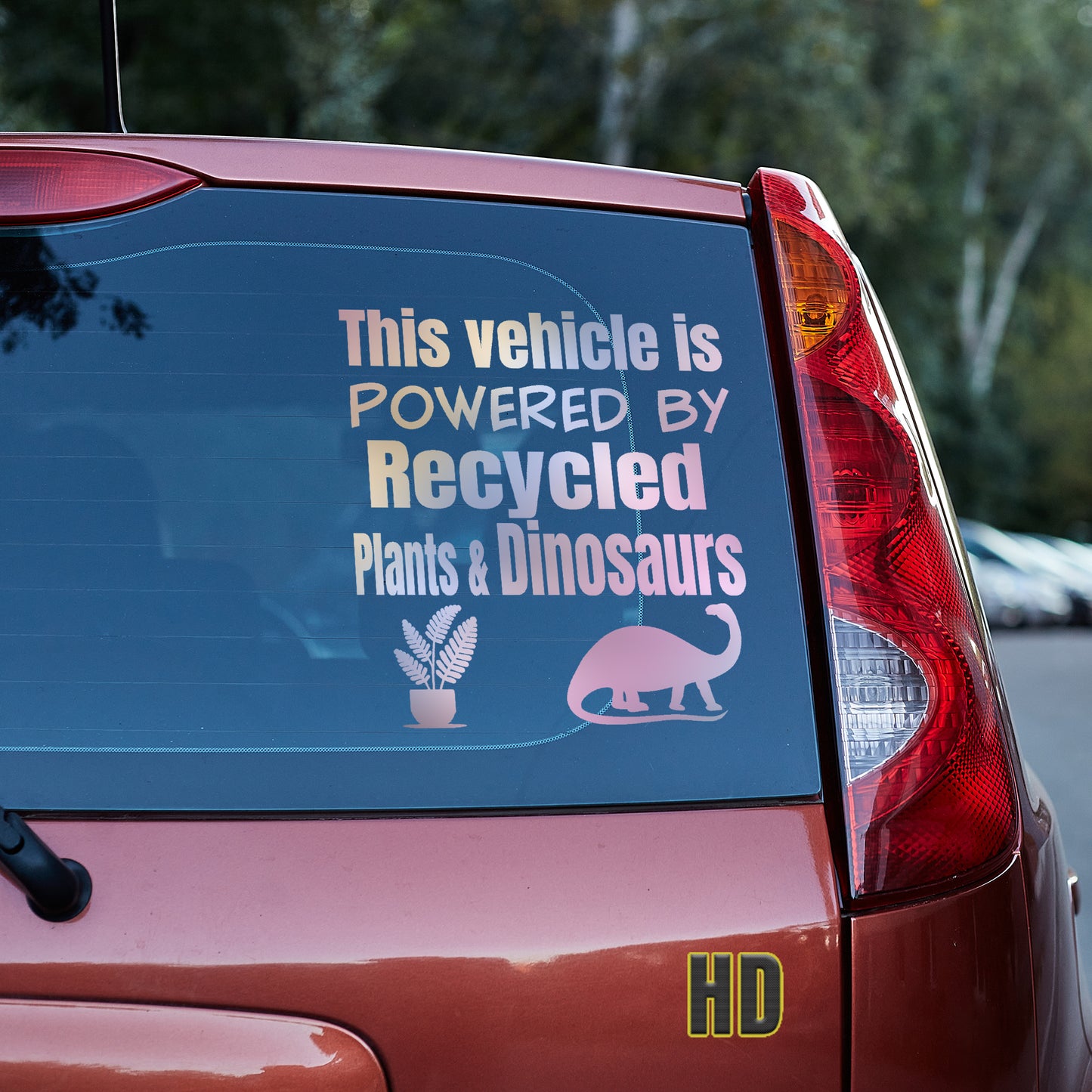 This vehicle is powered by recycled plants and dinosaurs Vinyl decal All Anti-EV decal stickers Decals for cars Decals for Trucks decals for tumblers dinosaur dinosaurs EV FB Green vehicle minivan sticker recycle SUV decals tesla truck decals window decal car Window decals window decor