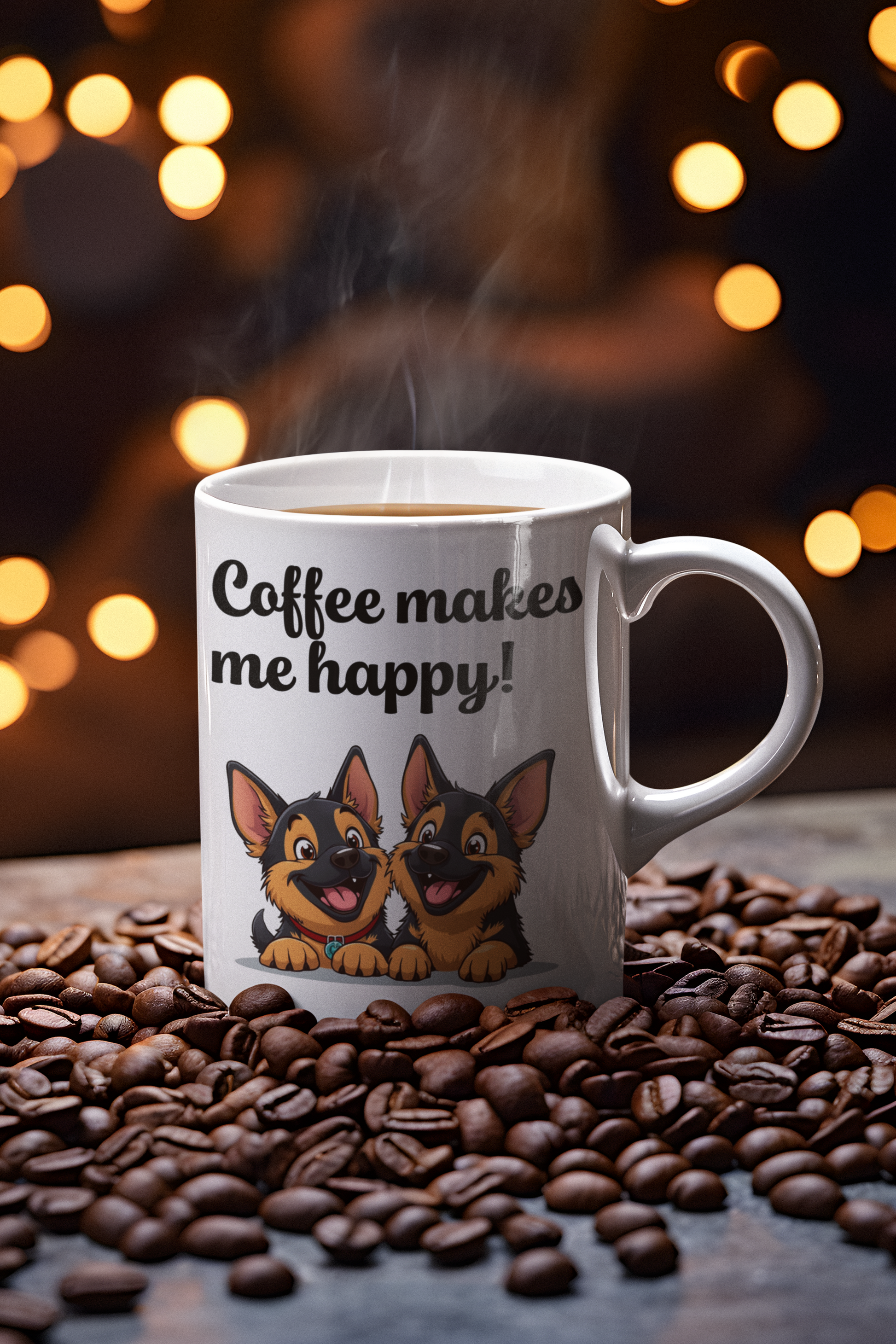 2 happy German Shepherd puppies Coffee makes me happy mug All Caffeine Christmas gift Coffee Time Dog Dog Lover Dog Owner FB German Shepherd gift for mom gift for wife Java Mocha Police Dog Shepherd stocking stuffer