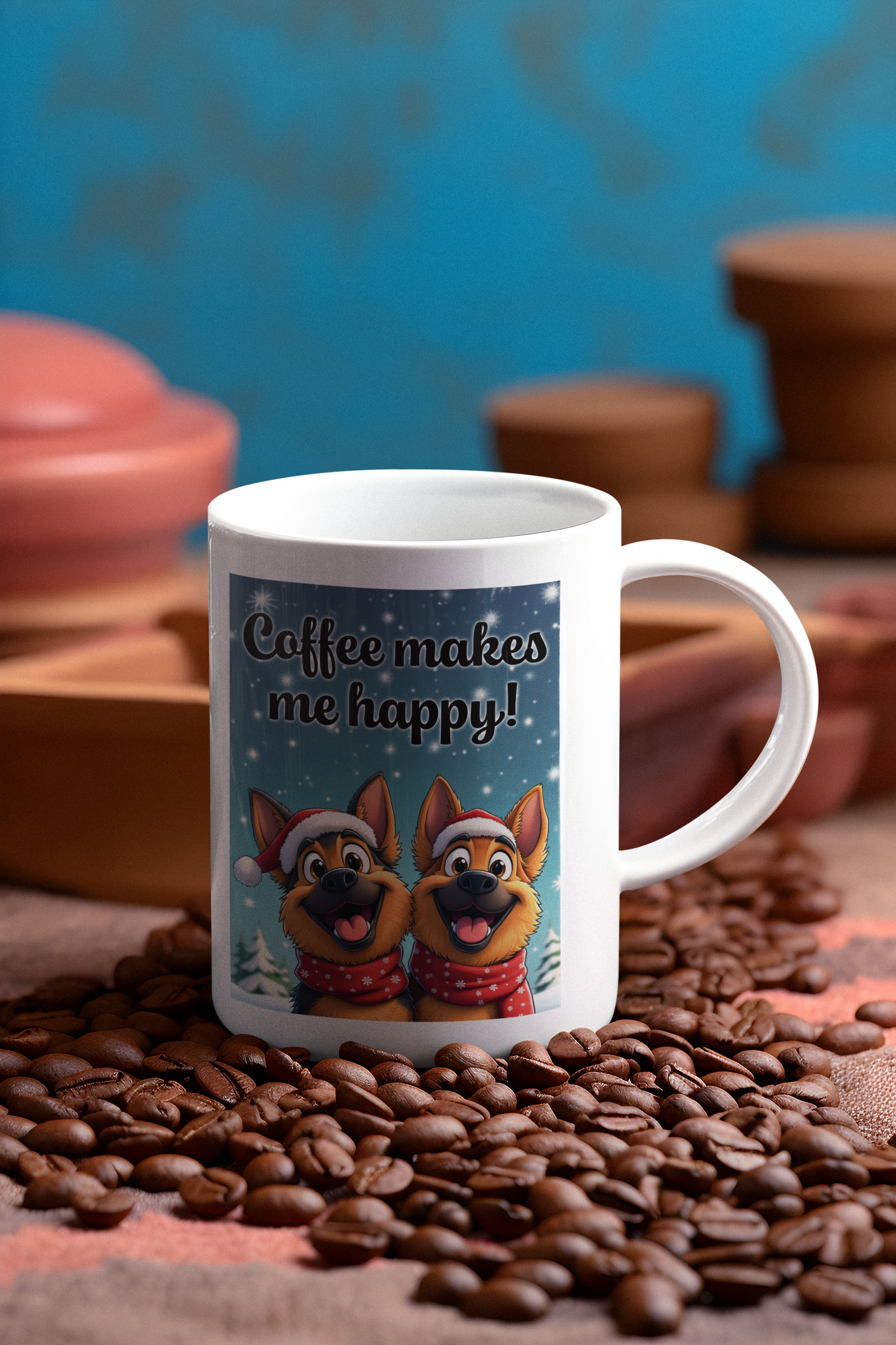 2 happy German Shepherd dogs Coffee makes me happy mug Christmas Edition All Caffeine Christmas gift Coffee Time Dog Dog Lover Dog Owner FB German Shepherd gift for mom gift for wife Java Mocha Police Dog Shepherd stocking stuffer
