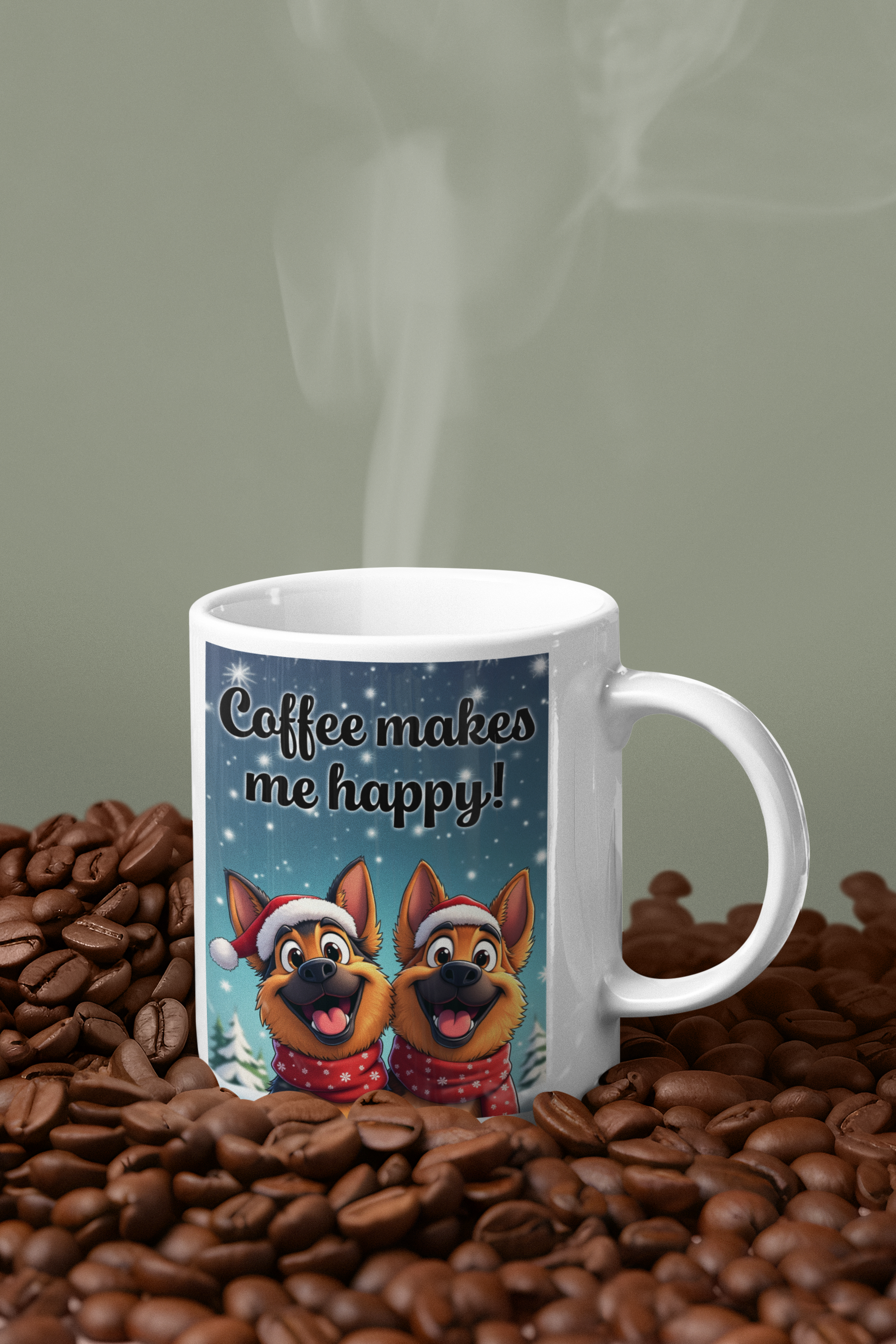 2 happy German Shepherd dogs Coffee makes me happy mug Christmas Edition All Caffeine Christmas gift Coffee Time Dog Dog Lover Dog Owner FB German Shepherd gift for mom gift for wife Java Mocha Police Dog Shepherd stocking stuffer