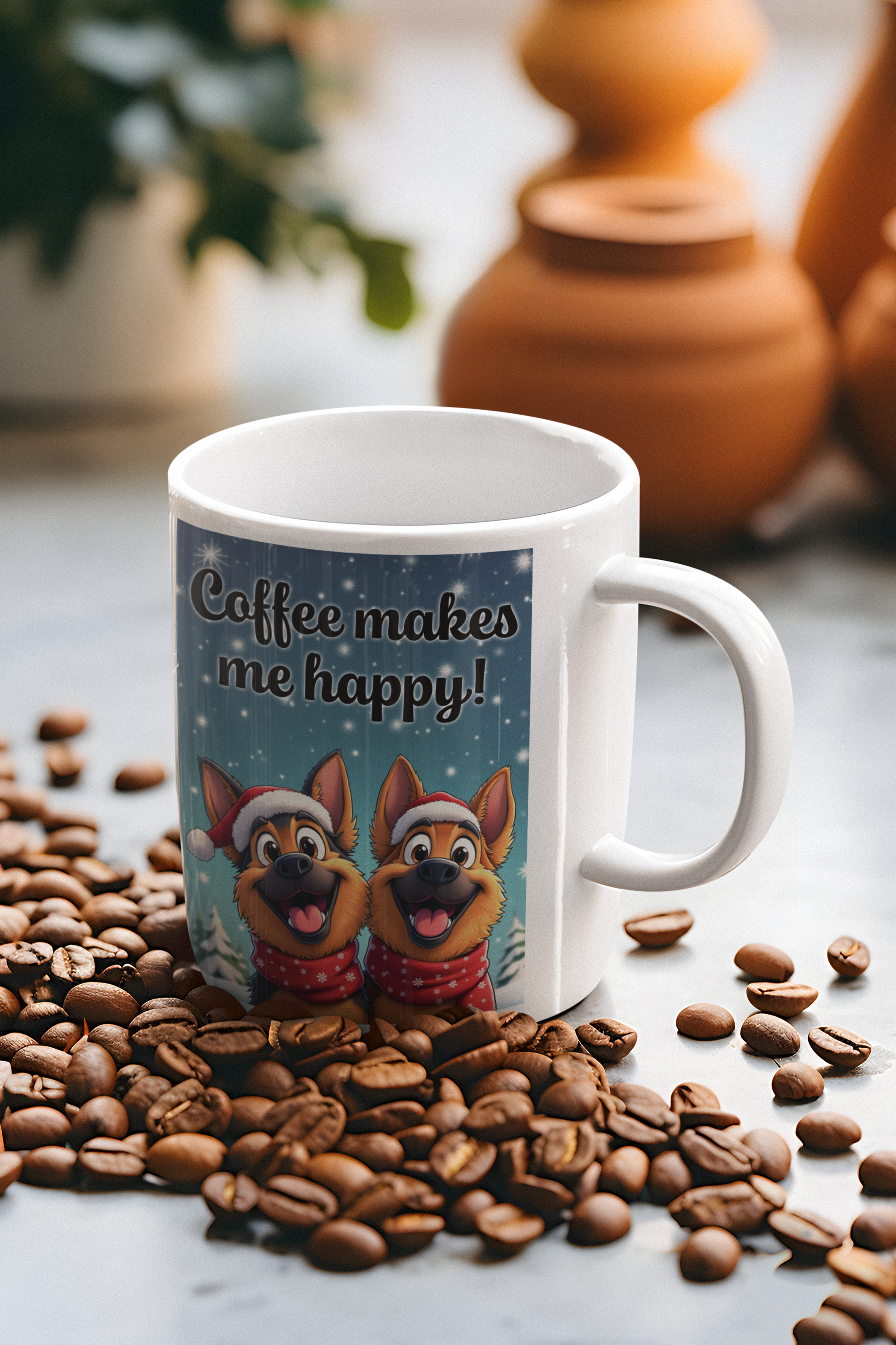 2 happy German Shepherd dogs Coffee makes me happy mug Christmas Edition All Caffeine Christmas gift Coffee Time Dog Dog Lover Dog Owner FB German Shepherd gift for mom gift for wife Java Mocha Police Dog Shepherd stocking stuffer
