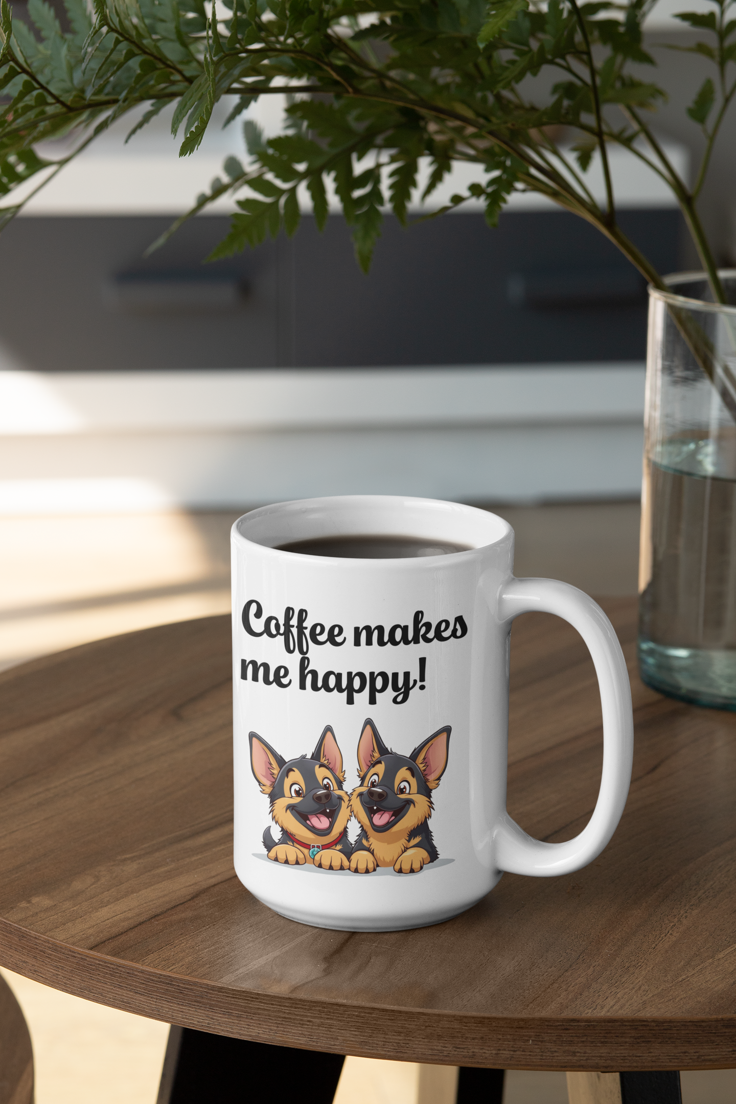 2 happy German Shepherd puppies Coffee makes me happy mug All Caffeine Christmas gift Coffee Time Dog Dog Lover Dog Owner FB German Shepherd gift for mom gift for wife Java Mocha Police Dog Shepherd stocking stuffer