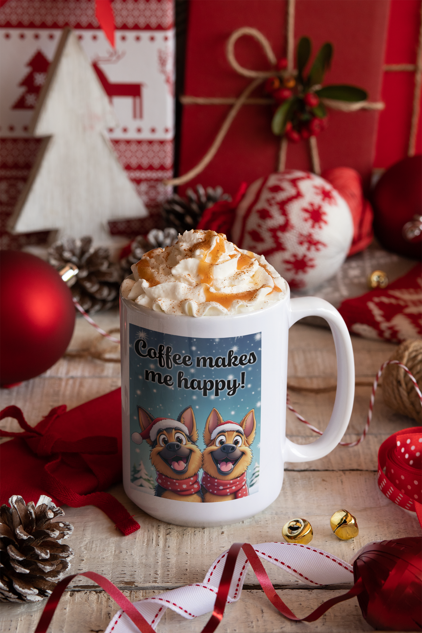 2 happy German Shepherd dogs Coffee makes me happy mug Christmas Edition All Caffeine Christmas gift Coffee Time Dog Dog Lover Dog Owner FB German Shepherd gift for mom gift for wife Java Mocha Police Dog Shepherd stocking stuffer