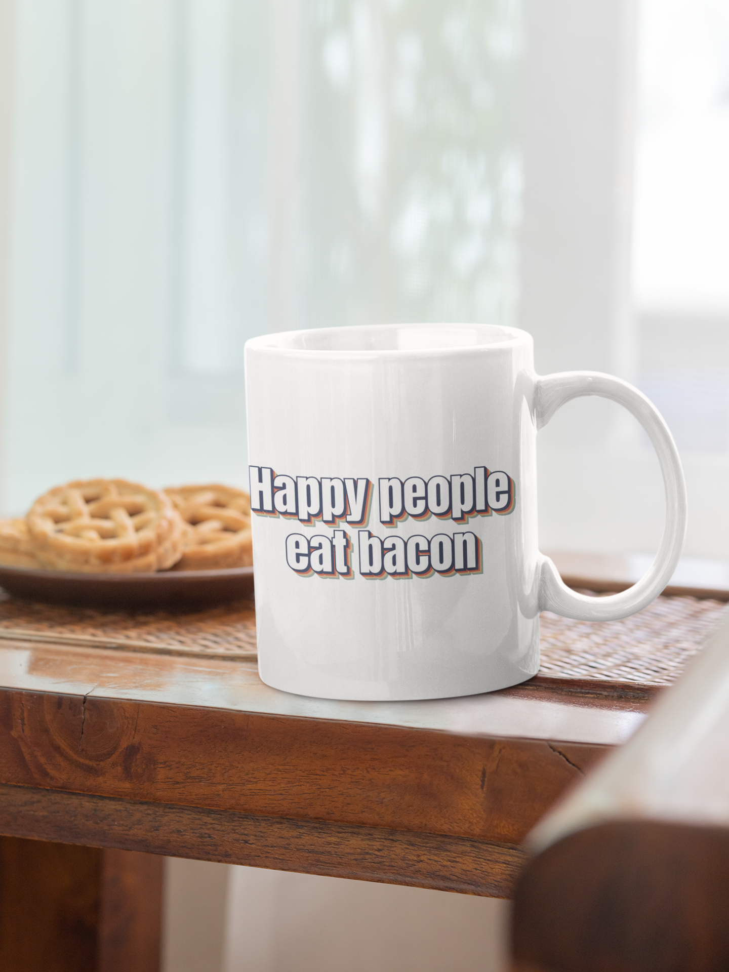 Happy people eat bacon - White glossy mug