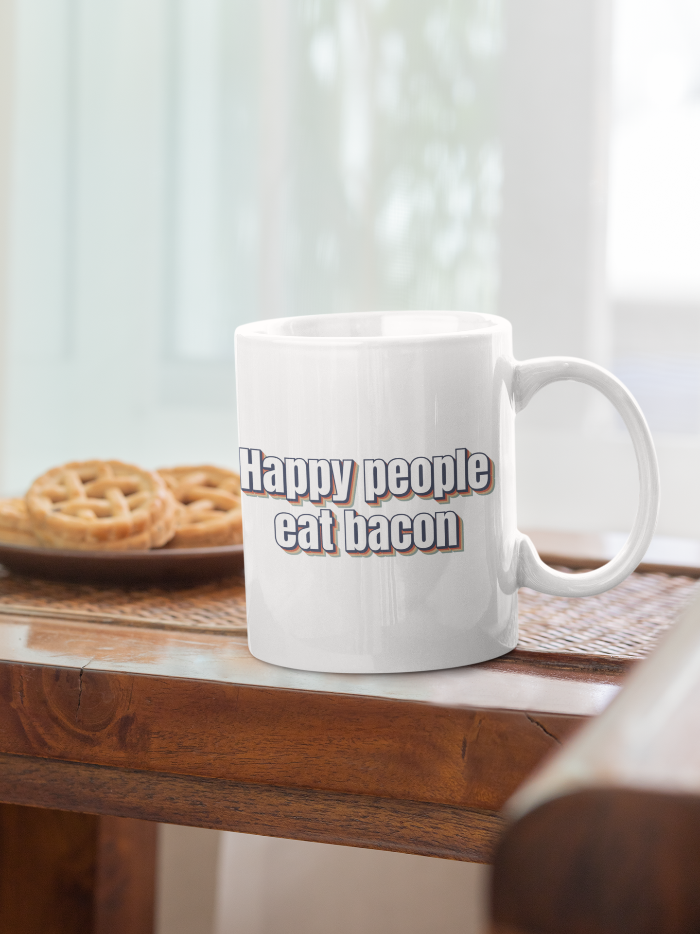 Happy people eat bacon - White glossy mug adult mug bacon bacon and coffeee bacon bits bacon lover bacon nation Baconator coffee and bacon coffee mug computer mug dishwasher safe mug Everything is better with bacon funny coffee mug funny mug mug wake and bacon