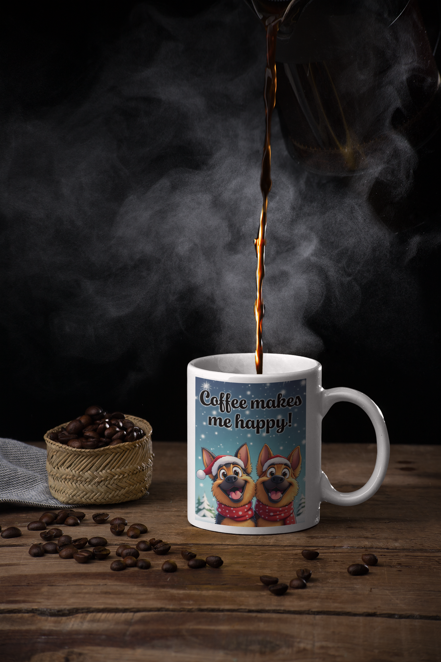 2 happy German Shepherd dogs Coffee makes me happy mug Christmas Edition All Caffeine Christmas gift Coffee Time Dog Dog Lover Dog Owner FB German Shepherd gift for mom gift for wife Java Mocha Police Dog Shepherd stocking stuffer