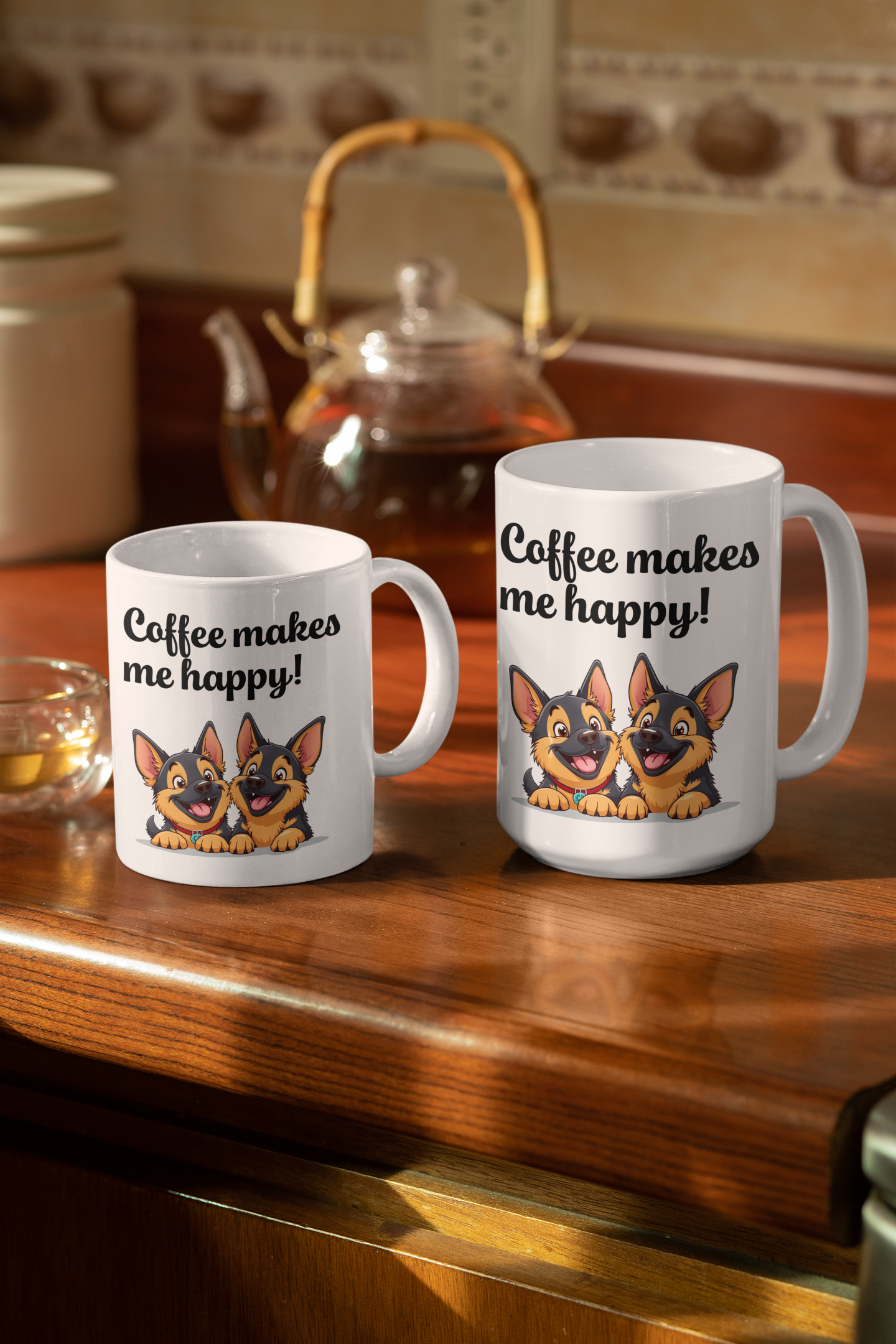 2 happy German Shepherd puppies Coffee makes me happy mug All Caffeine Christmas gift Coffee Time Dog Dog Lover Dog Owner FB German Shepherd gift for mom gift for wife Java Mocha Police Dog Shepherd stocking stuffer