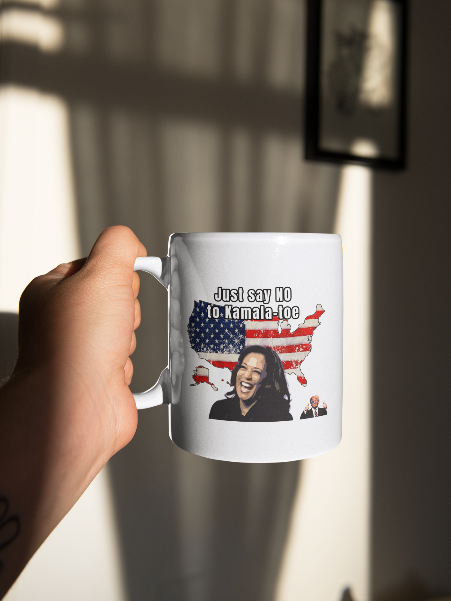 Just say no to Kamala Toe White glossy mug All Caffeine Camel Toe Coffee Time Election FB Harris Java Kamala Mocha