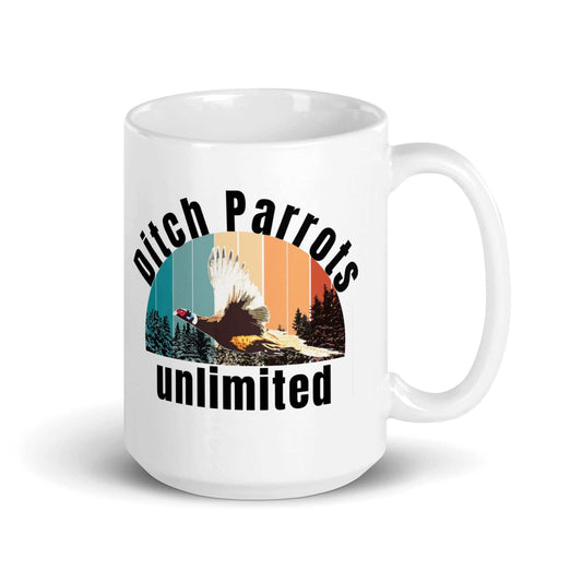 Ditch Parrots Unlimited - White glossy mug - Horrible Designs