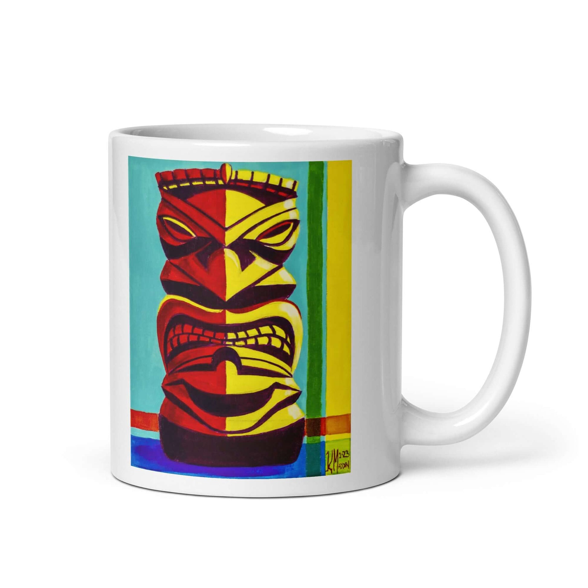 Restless Idol - featuring the artwork of MaddK studio - White glossy mug American Made coffee Coffee Addiction Coffee Beans Coffee Break Coffee is Life Coffee Lover coffee mug Coffee Snob coffee time Keep Calm and Drink Coffee MaddK Made In America restless idol Tiki Tiki art Tiki Bar tiki god Tiki Hut tiki idol Tiki Island Tiki Lounge Tiki Painting tiki tiki Tiki Village